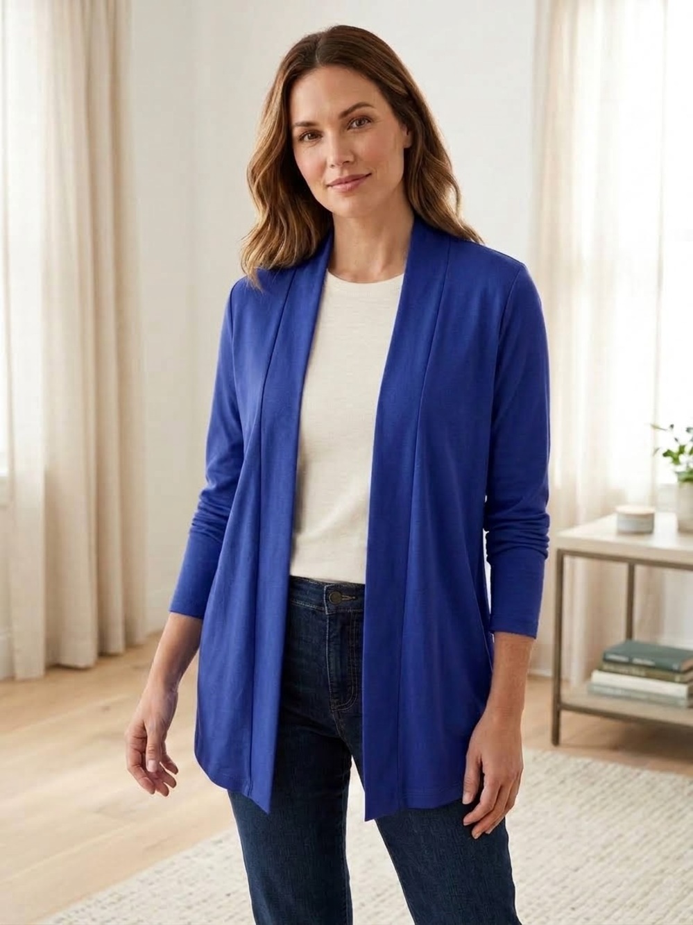 L.L. Bean Blue Supima Cotton Open Front Cardigan M Minimalist Elevated Layer